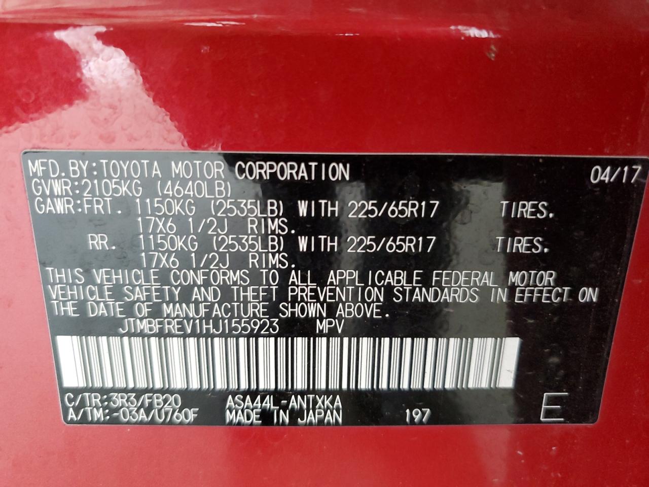 2017 Toyota Rav4 Le VIN: JTMBFREV1HJ155923 Lot: 62981924