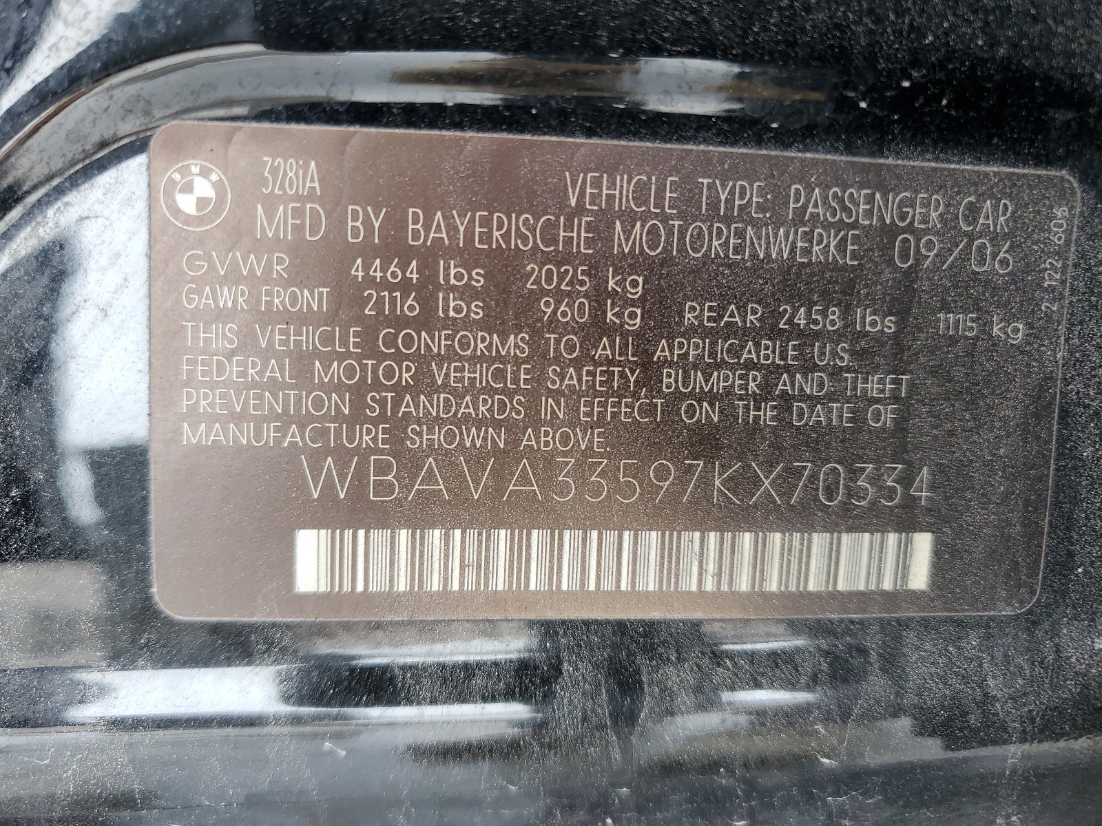 WBAVA33597KX70334 2007 BMW 328 I