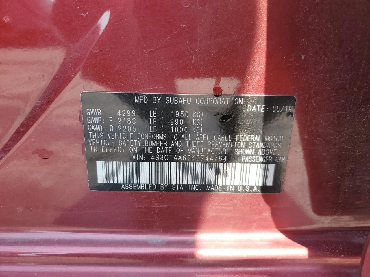 2019 Subaru Impreza VIN: 4S3GTAA62K3744764 Lot: 63303044