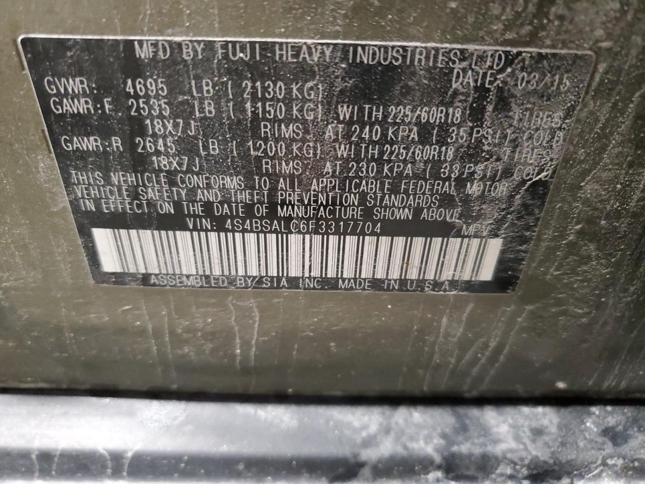 2015 Subaru Outback 2.5I Limited VIN: 4S4BSALC6F3317704 Lot: 61540634