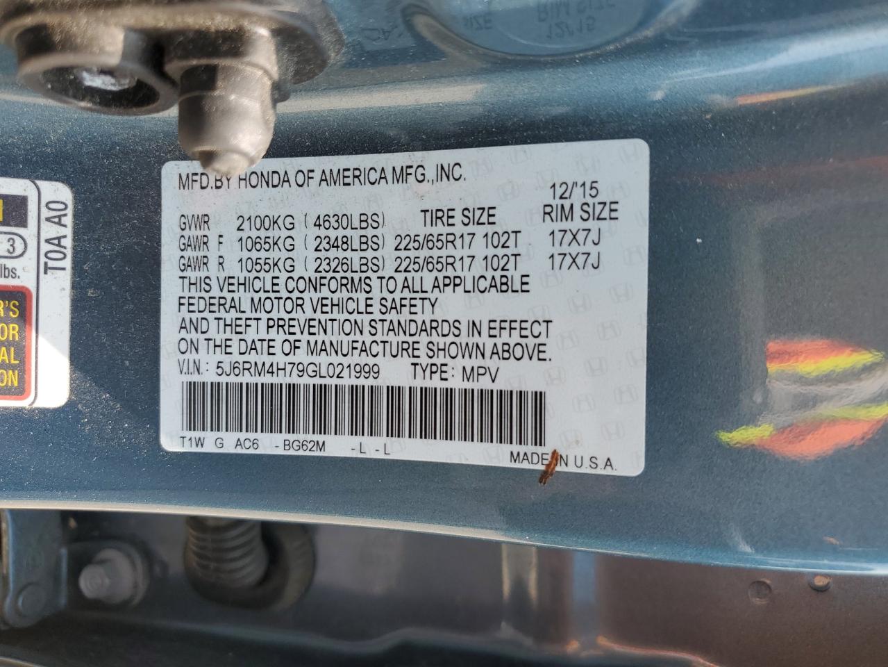 2016 Honda Cr-V Exl VIN: 5J6RM4H79GL021999 Lot: 64243294