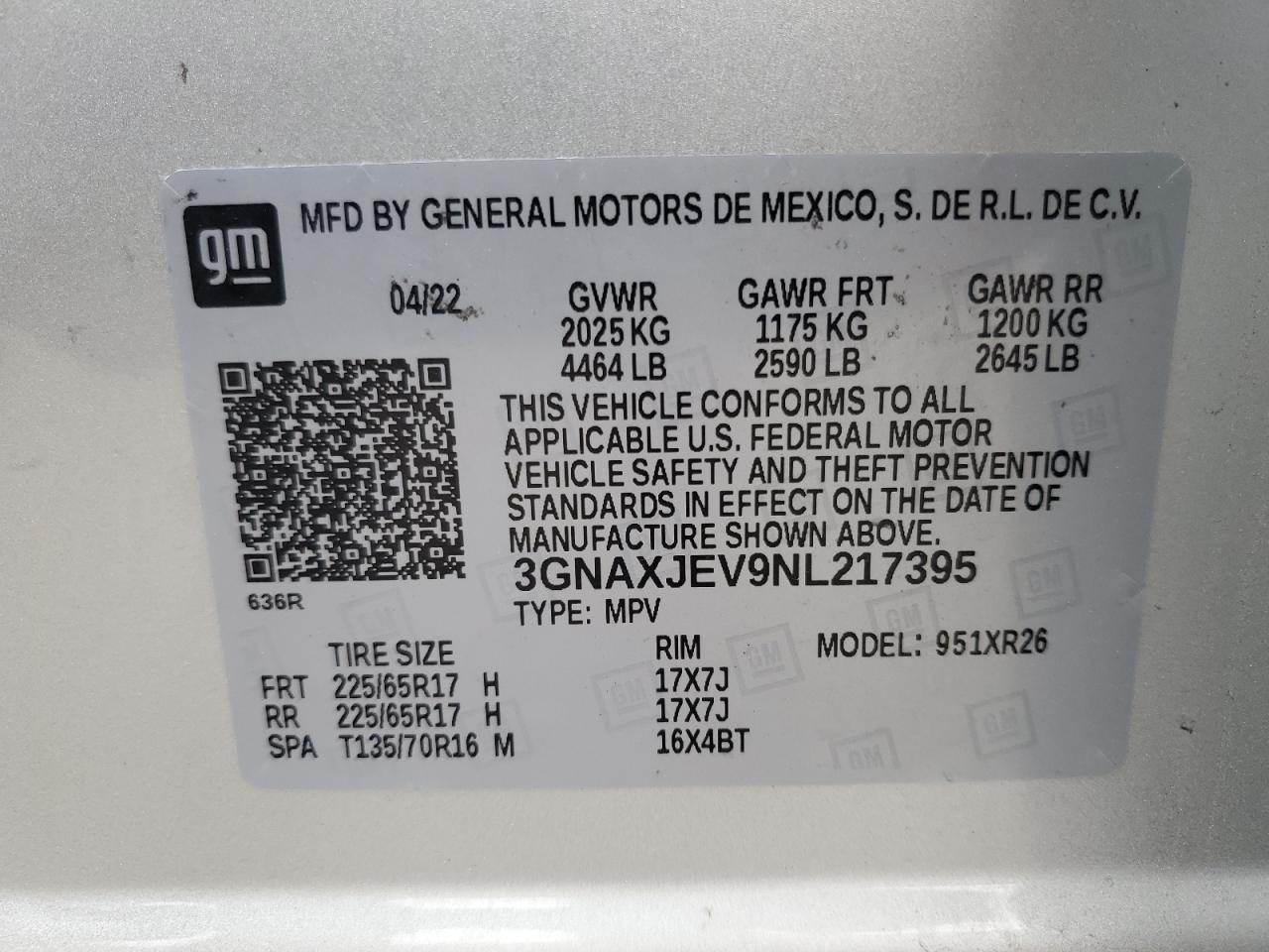 3GNAXJEV9NL217395 2022 Chevrolet Equinox Lt