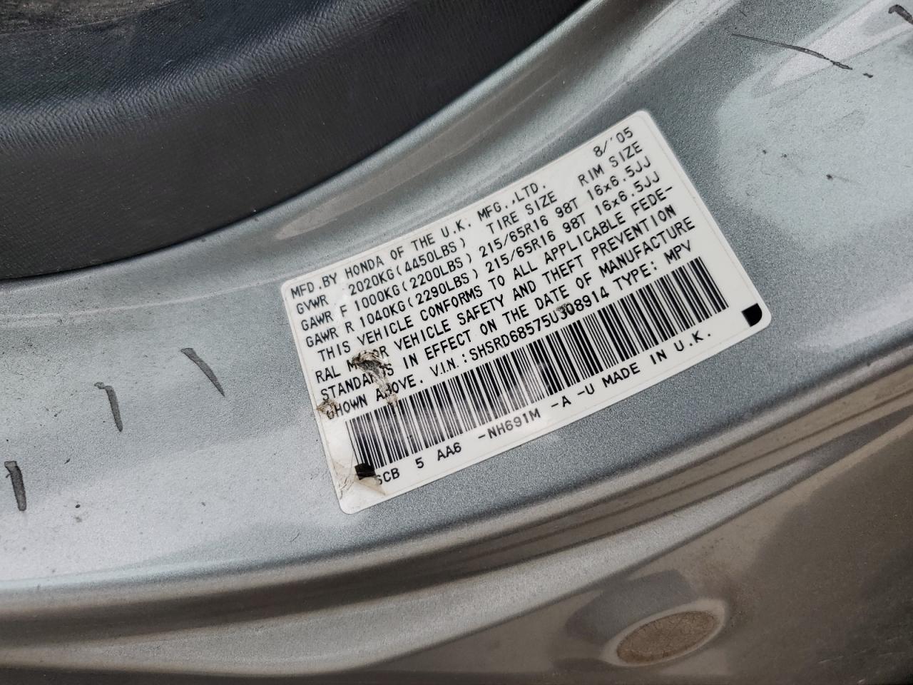 2005 Honda Cr-V Lx VIN: SHSRD68575U308914 Lot: 64474634