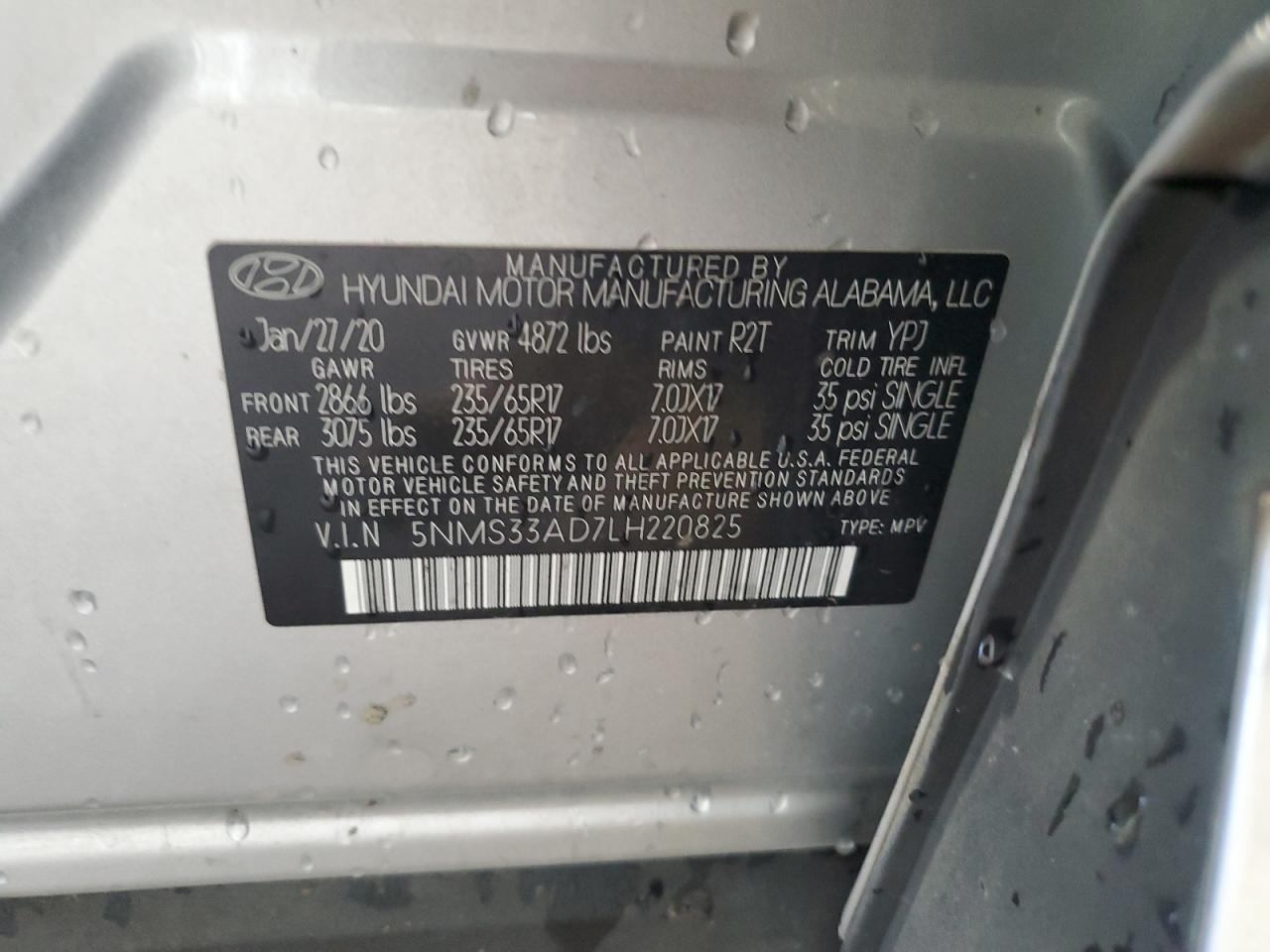 2020 Hyundai Santa Fe Sel VIN: 5NMS33AD7LH220825 Lot: 64275504