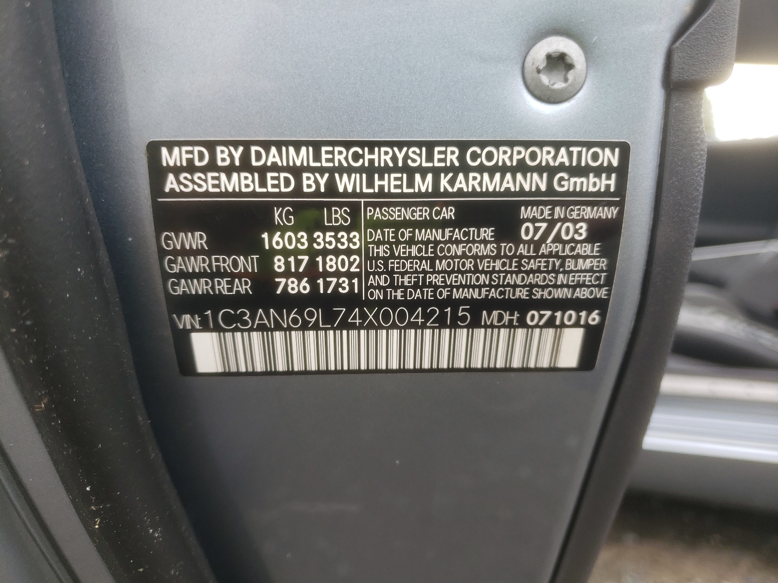 1C3AN69L74X004215 2004 Chrysler Crossfire Limited