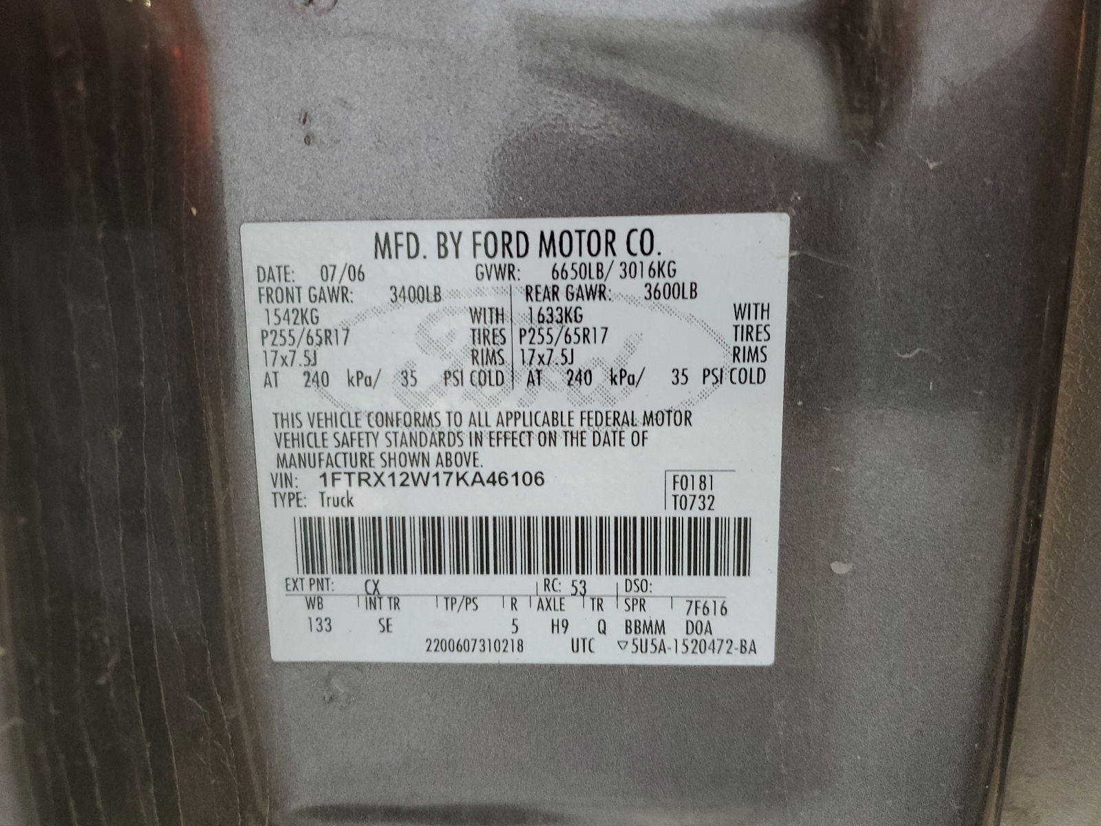 1FTRX12W17KA46106 2007 Ford F150