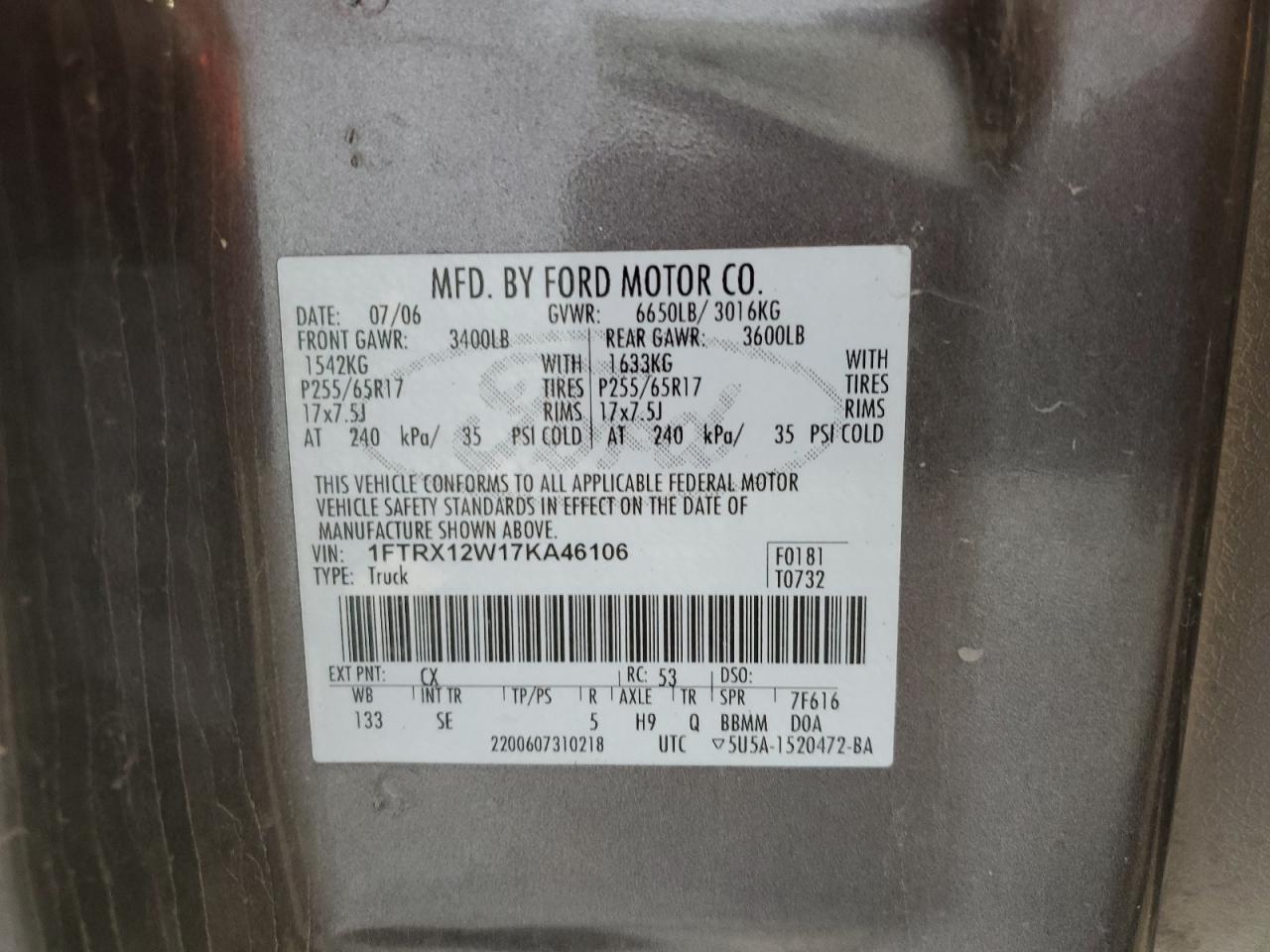 2007 Ford F150 VIN: 1FTRX12W17KA46106 Lot: 63533884