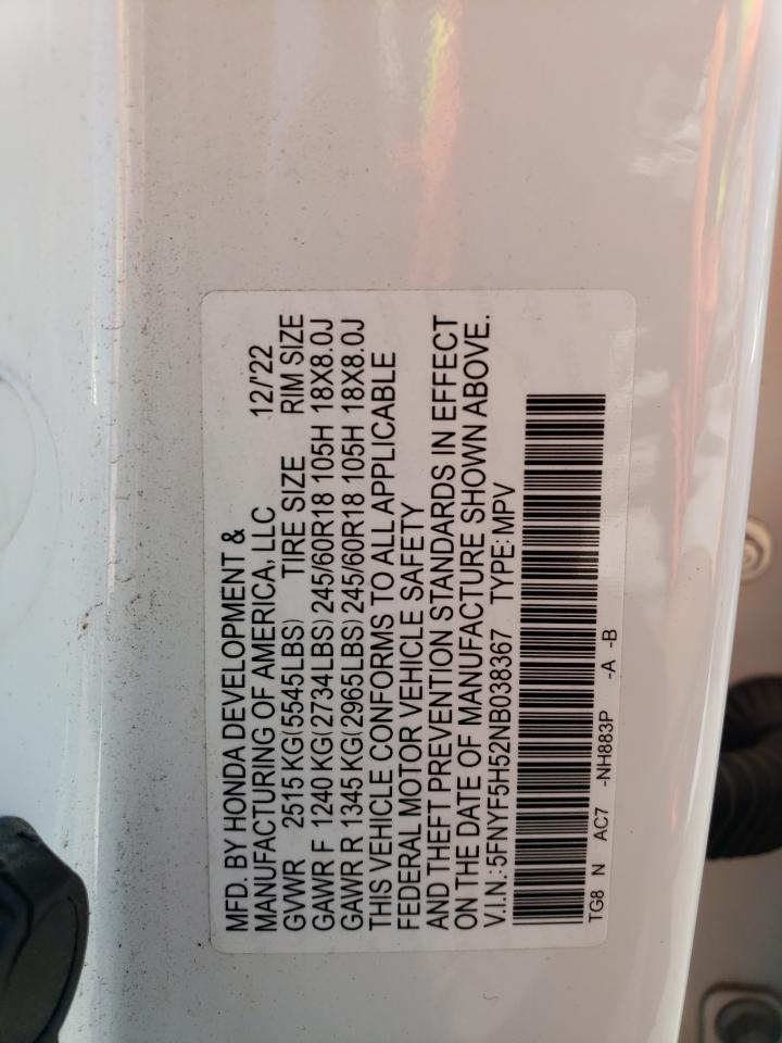 2022 Honda Pilot Exl VIN: 5FNYF5H52NB038367 Lot: 64112784