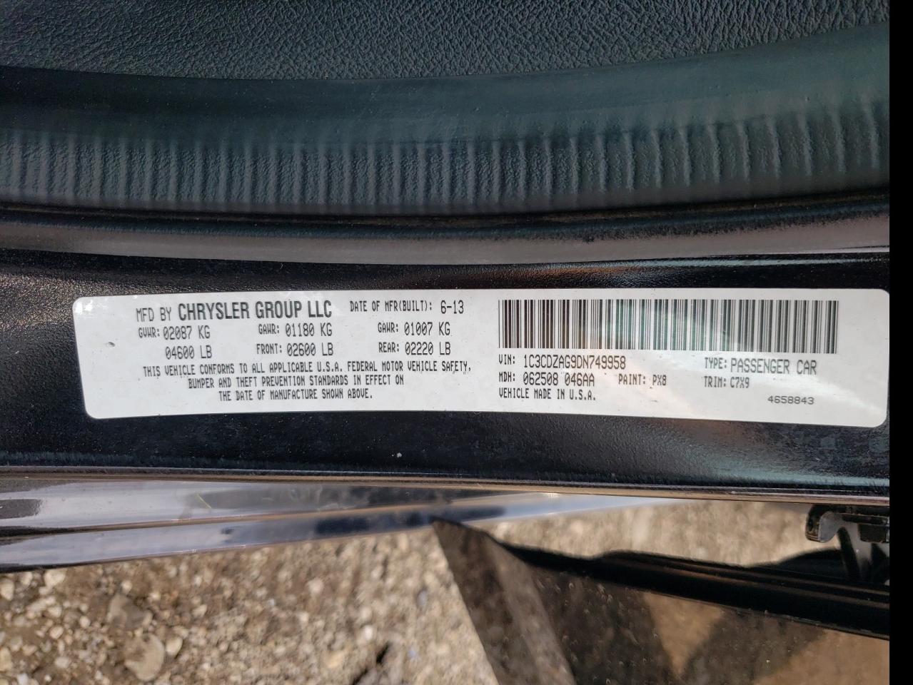 2013 Dodge Avenger Se VIN: 1C3CDZAG9DN749958 Lot: 62418914