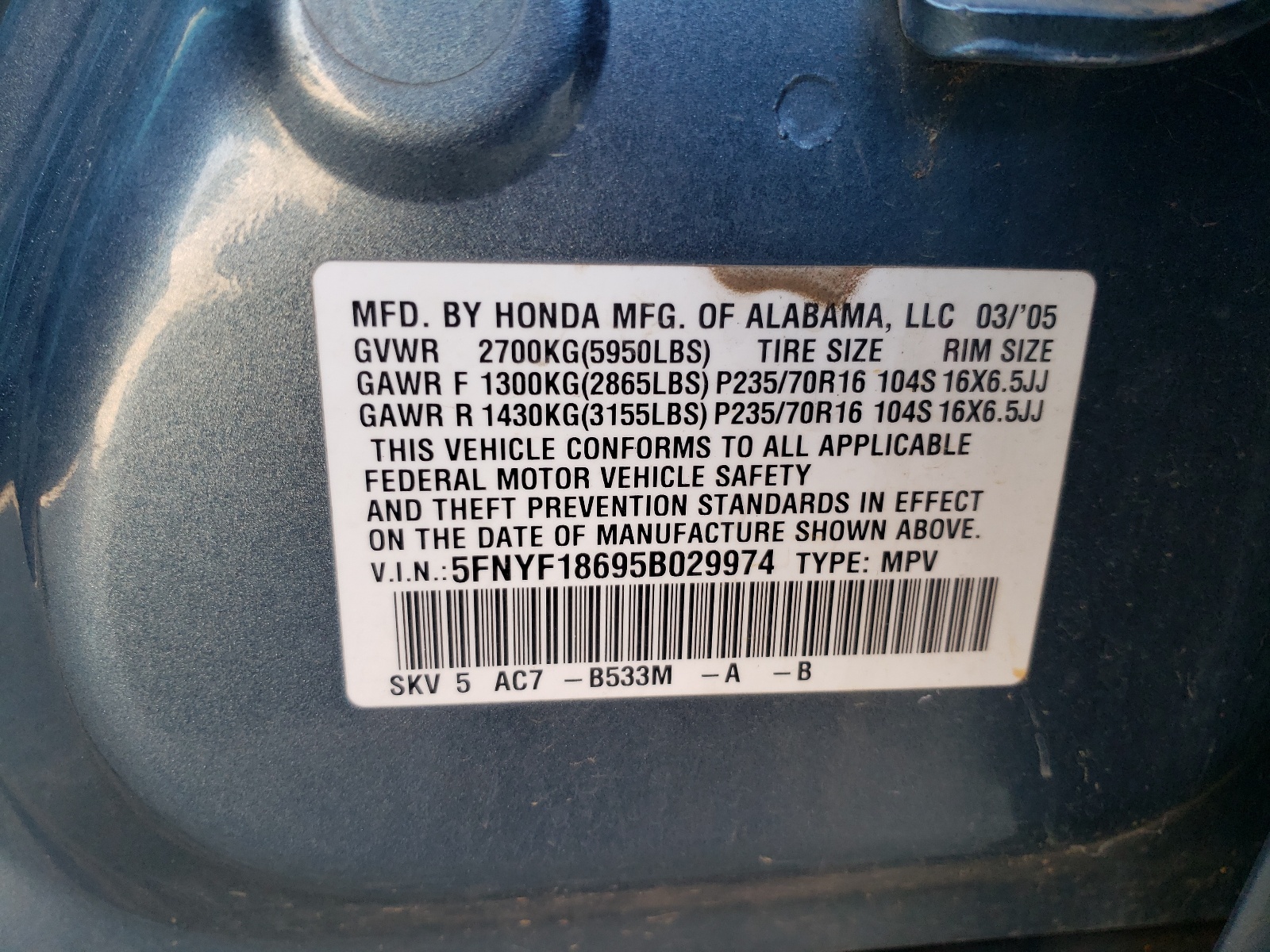 5FNYF18695B029974 2005 Honda Pilot Exl