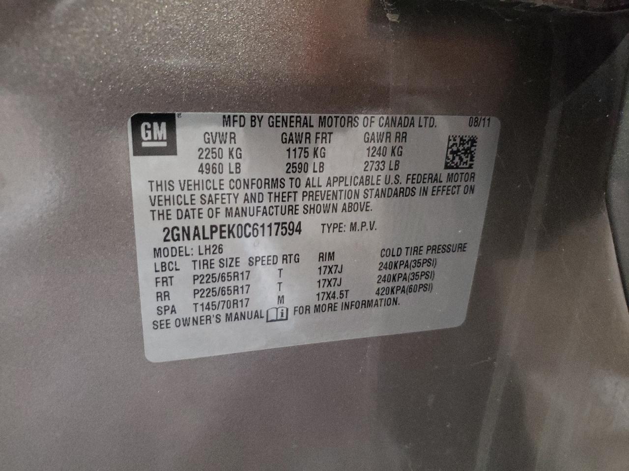 2012 Chevrolet Equinox Lt VIN: 2GNALPEK0C6117594 Lot: 58511954