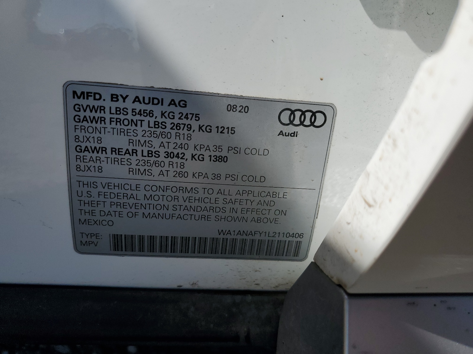 WA1ANAFY1L2110406 2020 Audi Q5 Premium