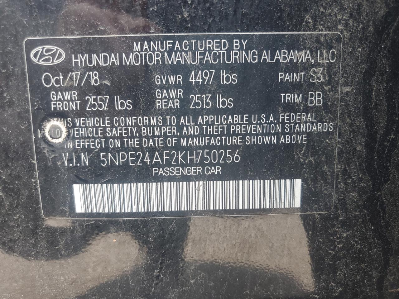 2019 Hyundai Sonata Se VIN: 5NPE24AF2KH750256 Lot: 62062614