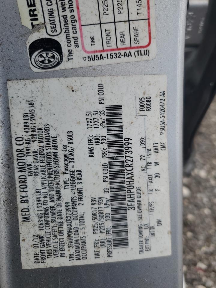 2012 Ford Fusion Se VIN: 3FAHP0HAXCR273999 Lot: 63627824