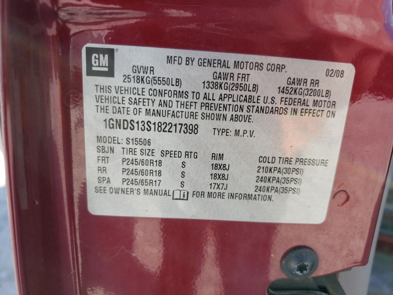 2008 Chevrolet Trailblazer Ls VIN: 1GNDS13S182217398 Lot: 65571594