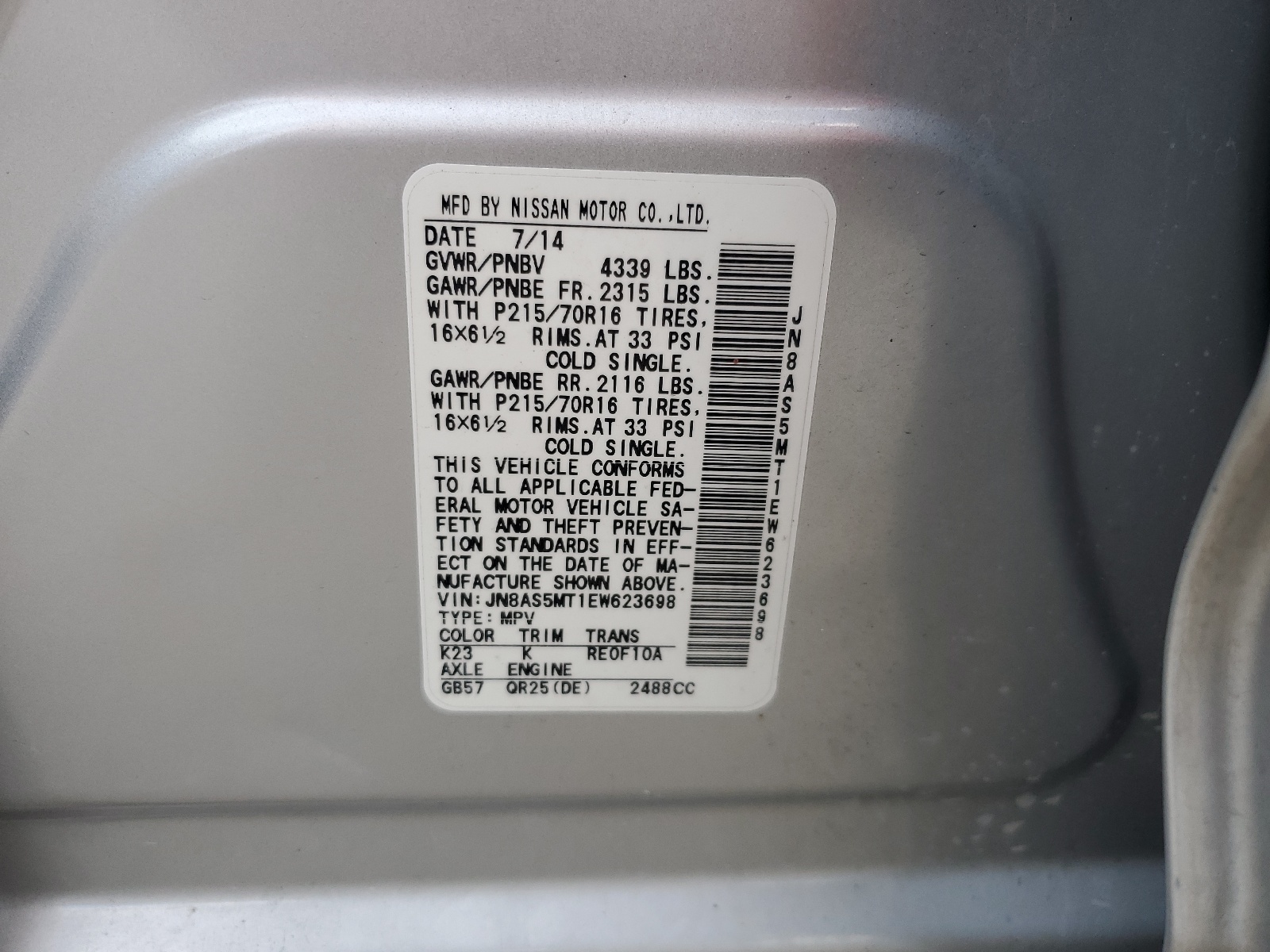 JN8AS5MT1EW623698 2014 Nissan Rogue Select S