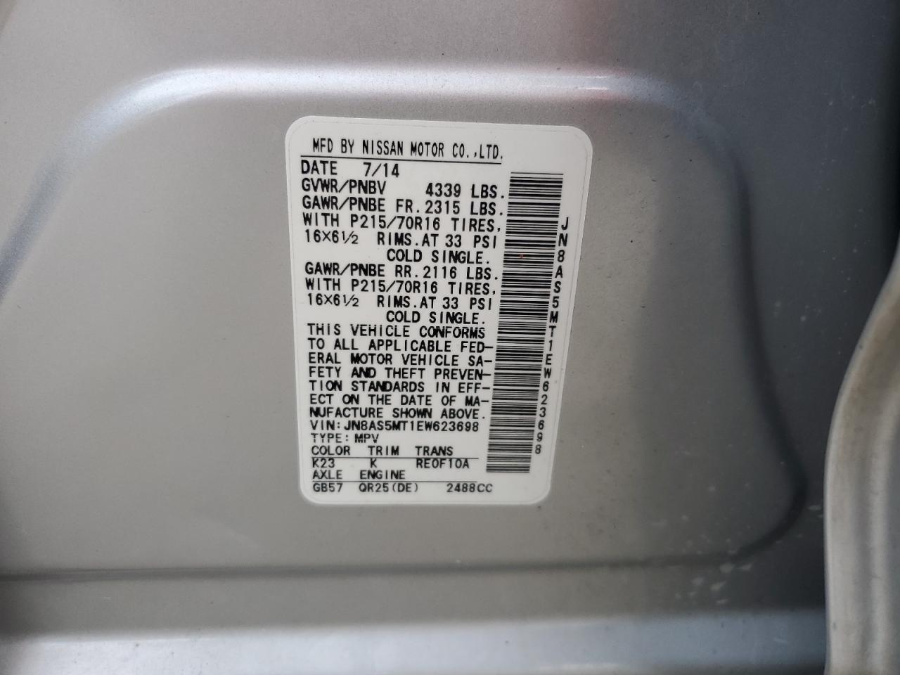 2014 Nissan Rogue Select S VIN: JN8AS5MT1EW623698 Lot: 65219454