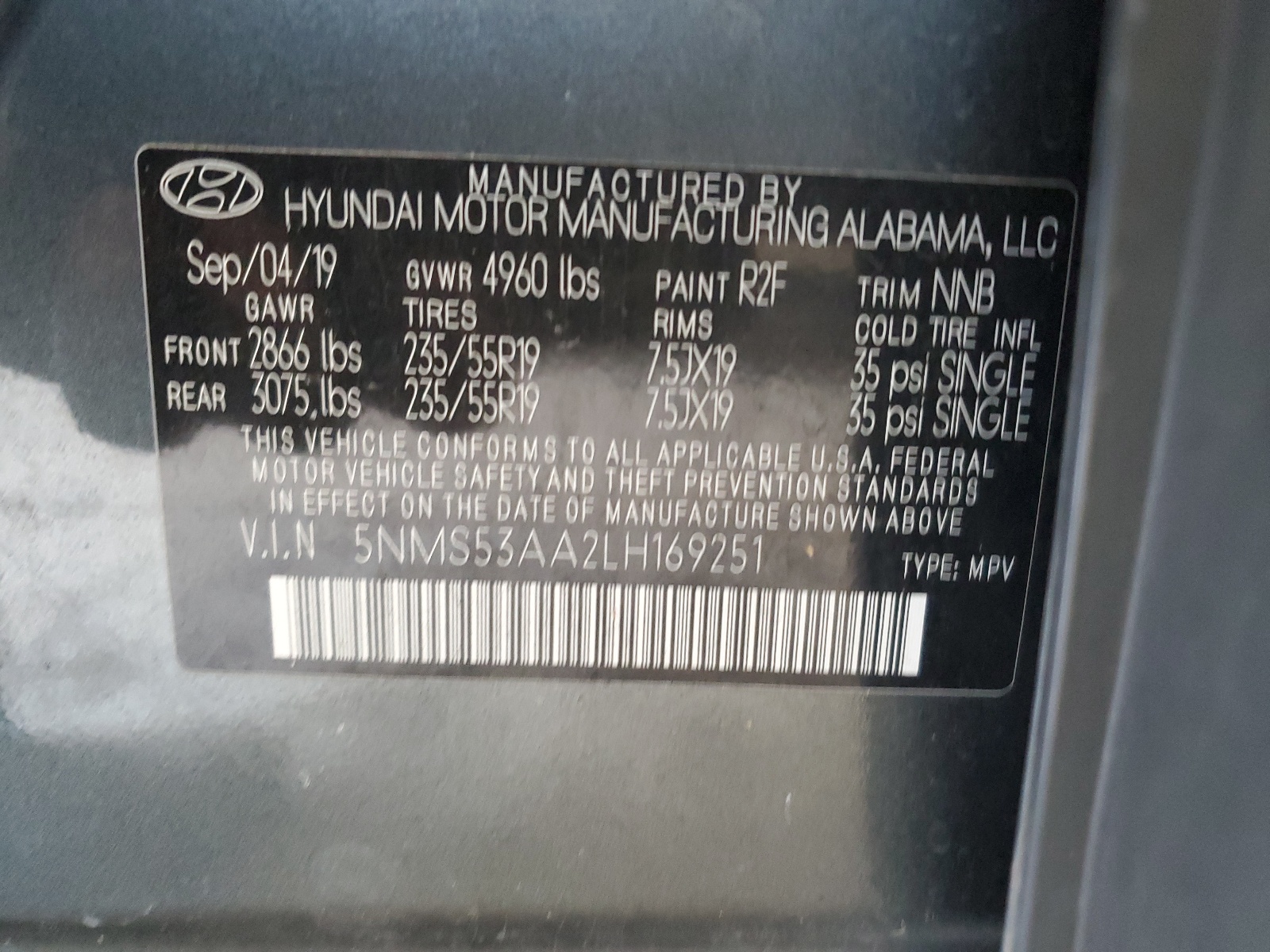 5NMS53AA2LH169251 2020 Hyundai Santa Fe Limited