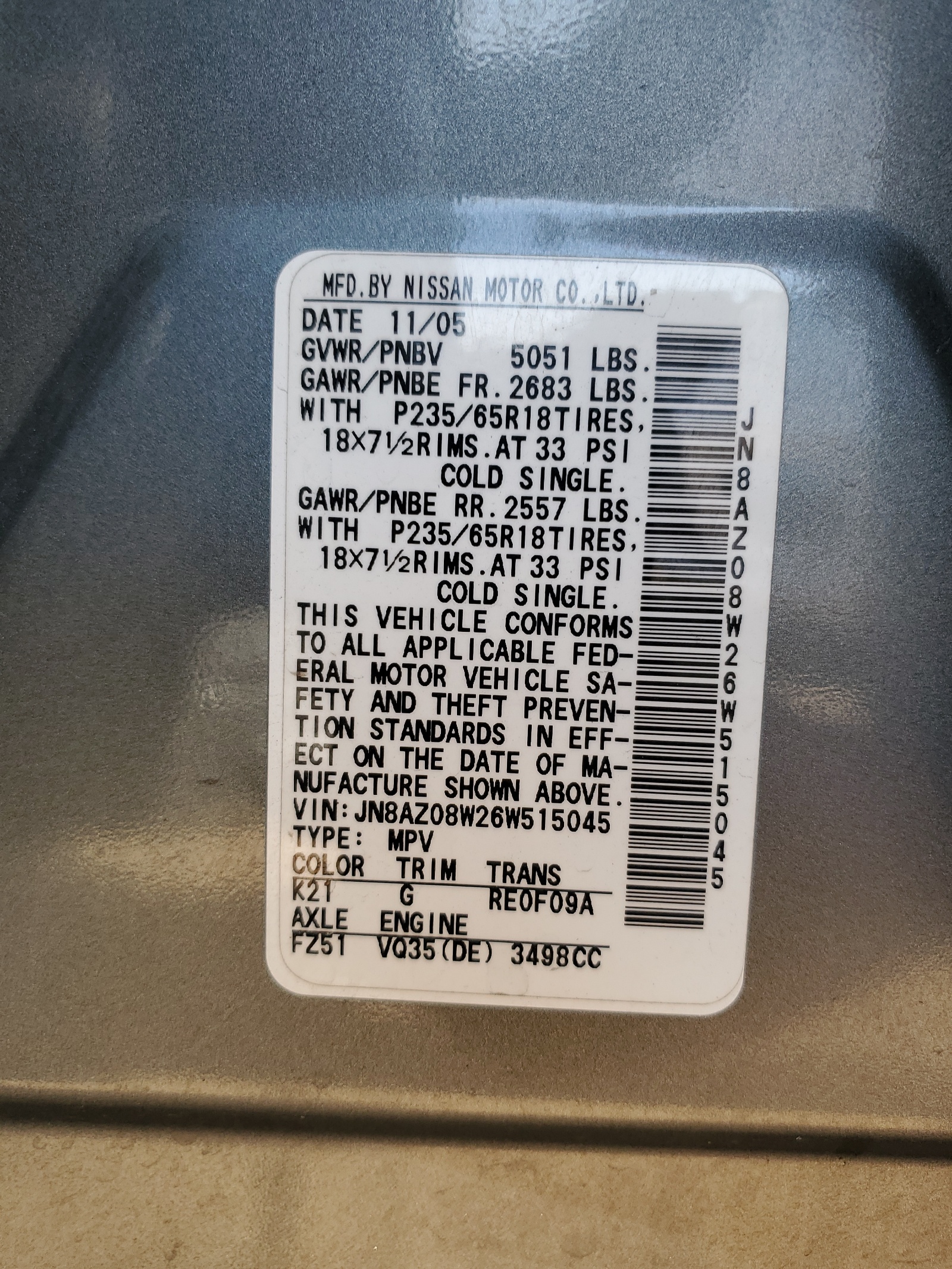 JN8AZ08W26W515045 2006 Nissan Murano Sl