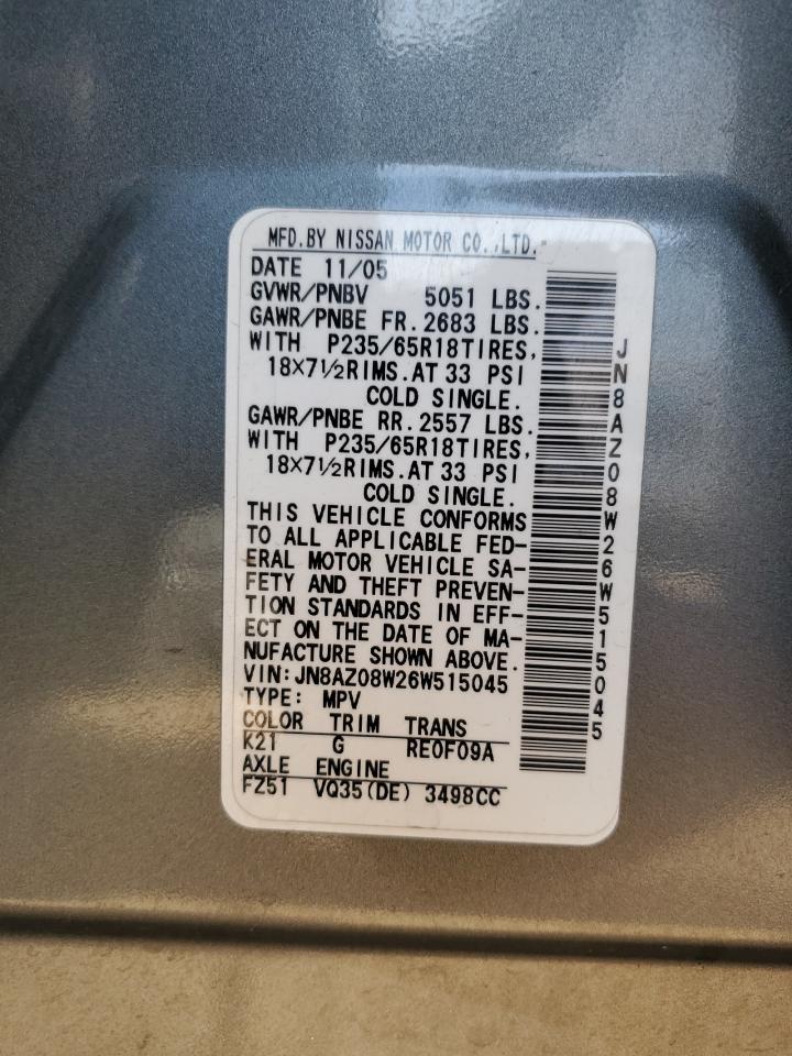2006 Nissan Murano Sl VIN: JN8AZ08W26W515045 Lot: 63461324