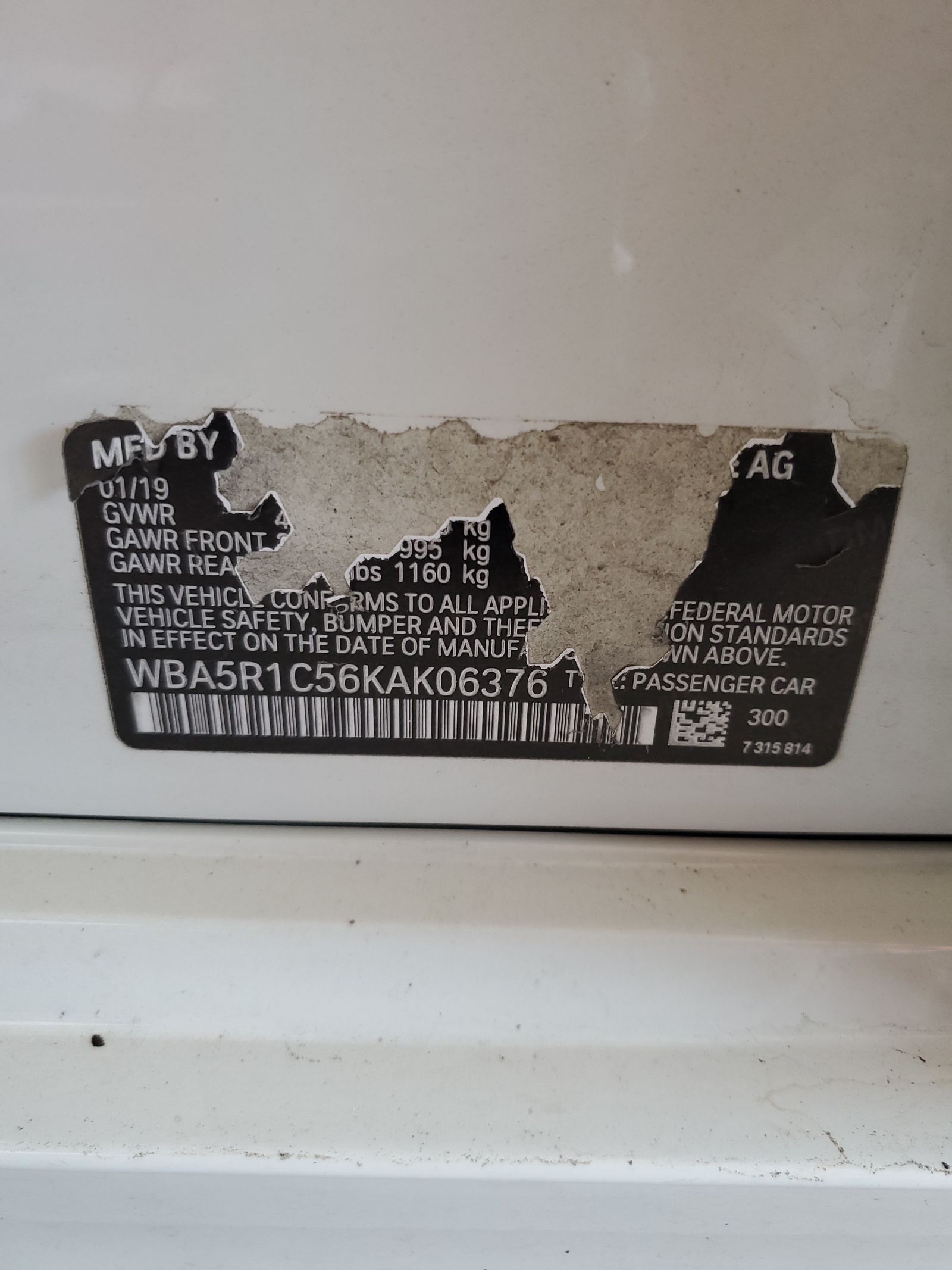 WBA5R1C56KAK06376 2019 BMW 330I