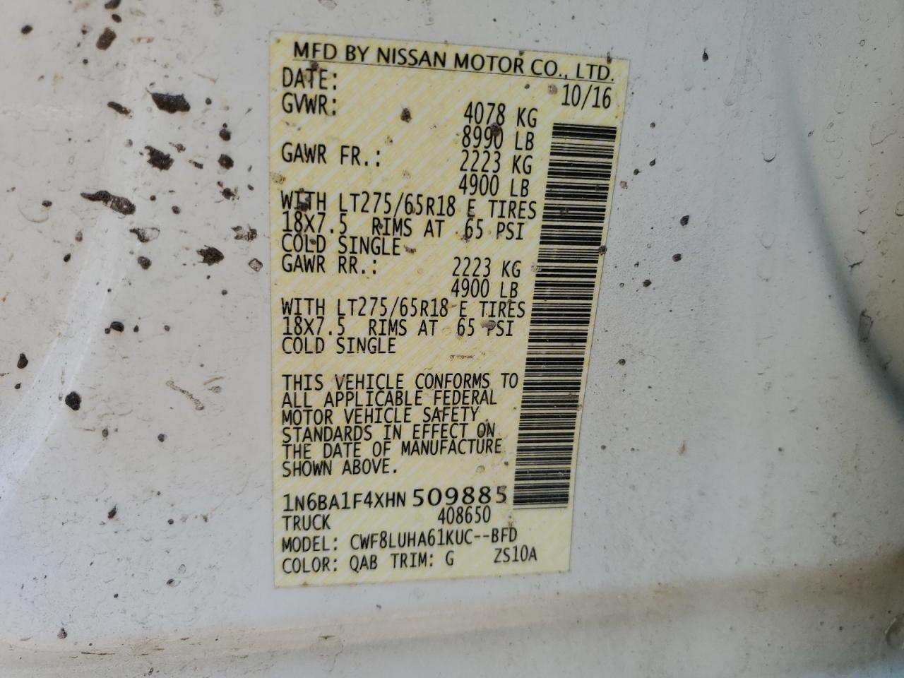 1N6BA1F4XHN509885 2017 Nissan Titan Xd Sl