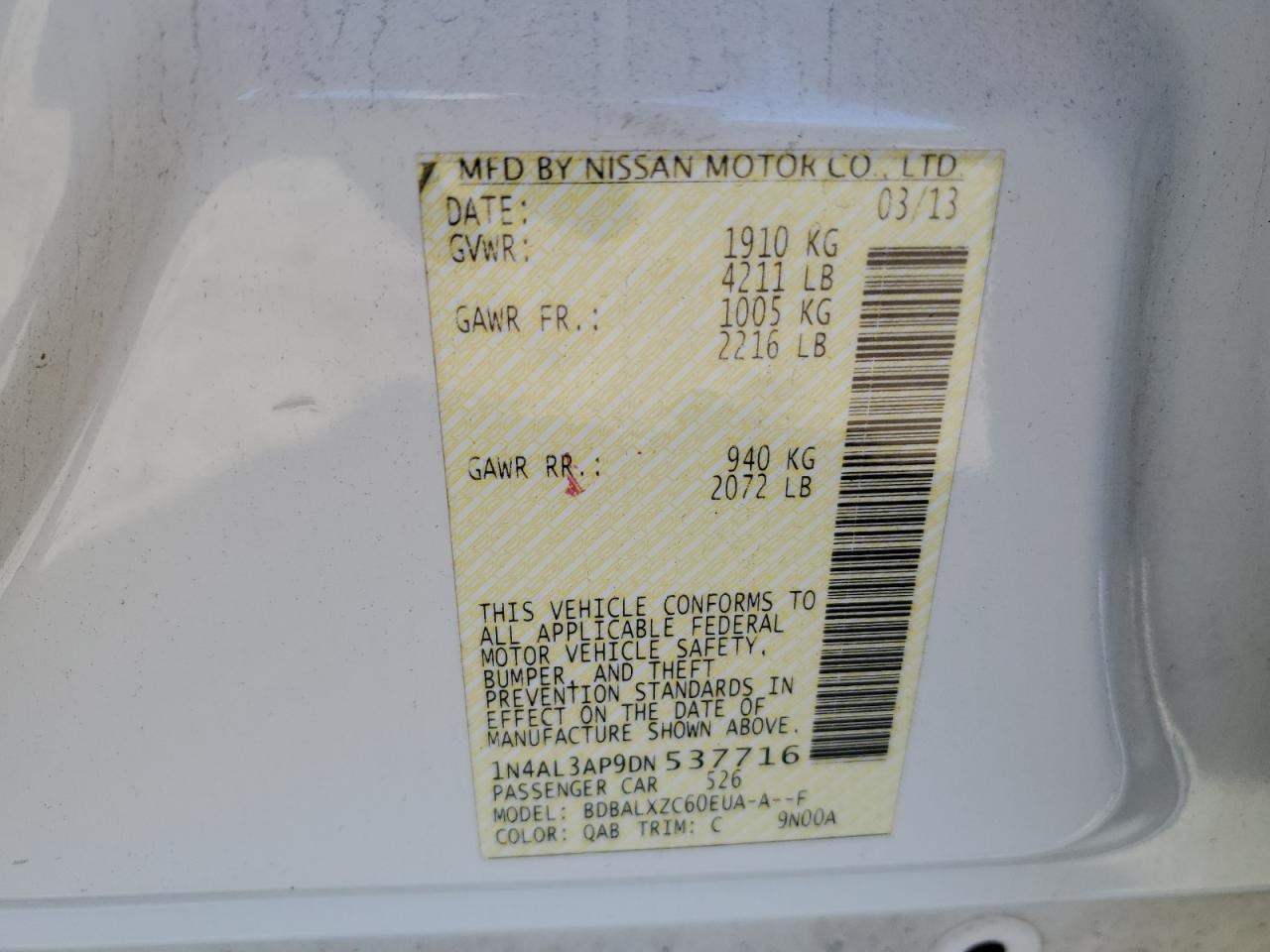 2013 Nissan Altima 2.5 VIN: 1N4AL3AP9DN537716 Lot: 61384984