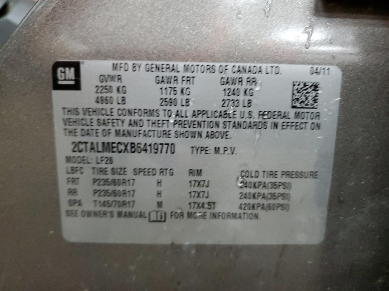 2011 GMC Terrain Sle VIN: 2CTALMECXB6419770 Lot: 61084904