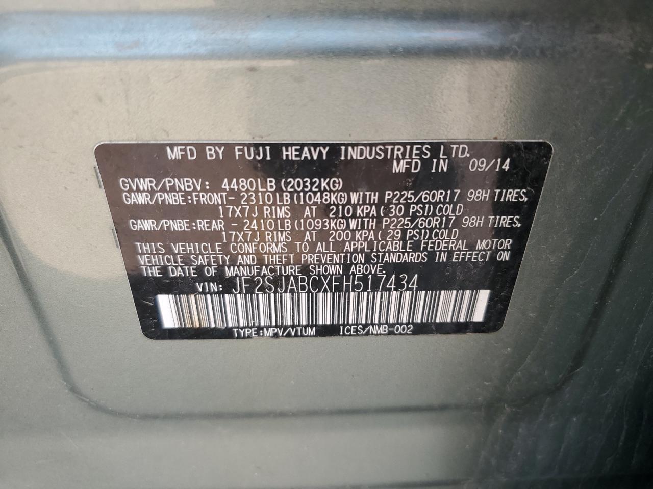 2015 Subaru Forester 2.5I VIN: JF2SJABCXFH517434 Lot: 60065594