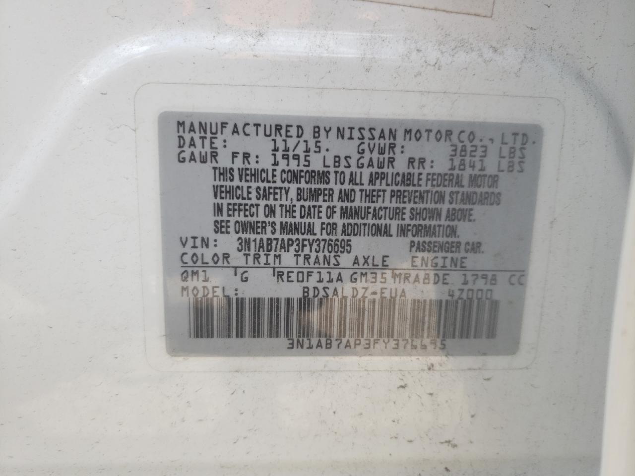 2015 Nissan Sentra S VIN: 3N1AB7AP3FY376695 Lot: 61526664