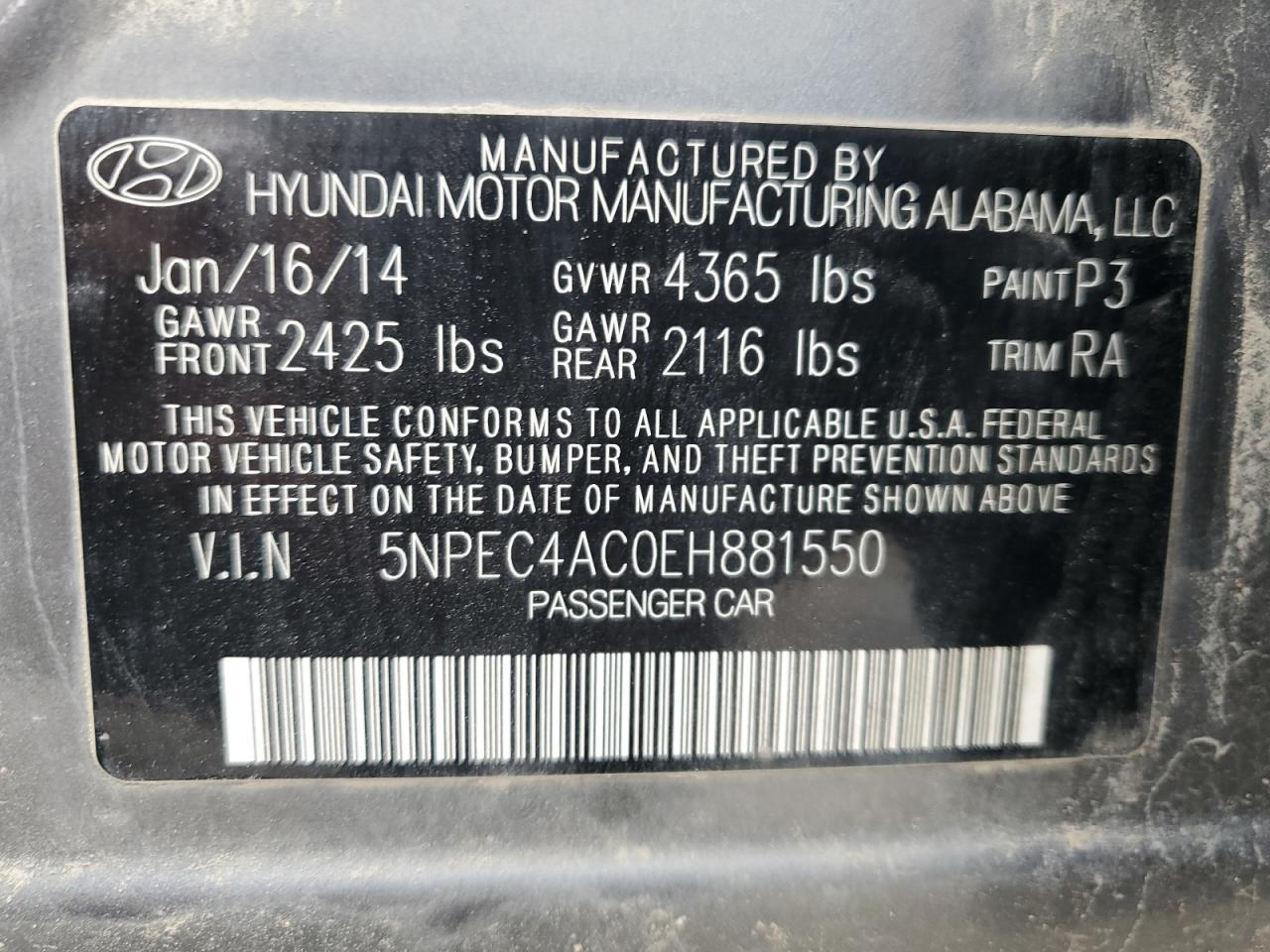 5NPEC4AC0EH881550 2014 Hyundai Sonata Se