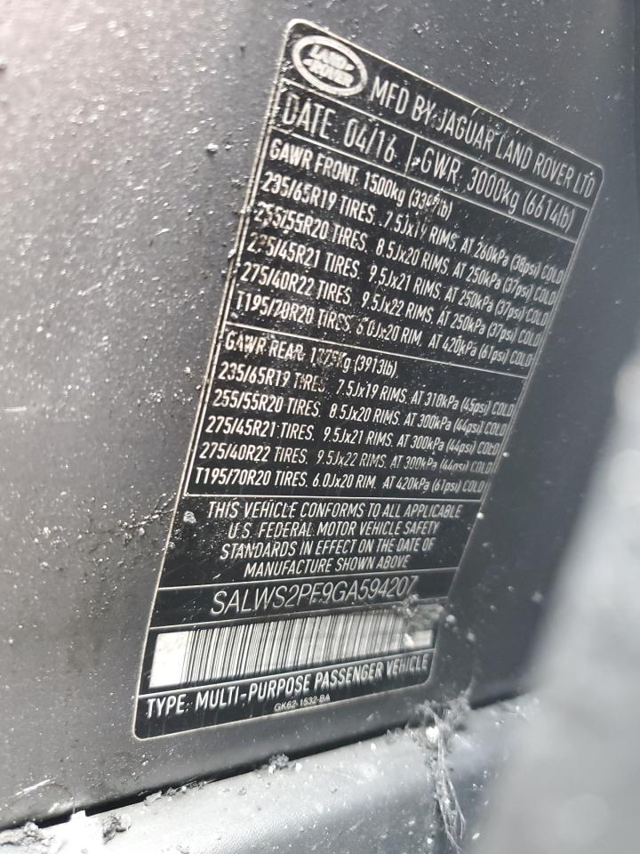 2016 Land Rover Range Rover Sport Hst VIN: SALWS2PF9GA594207 Lot: 62763994