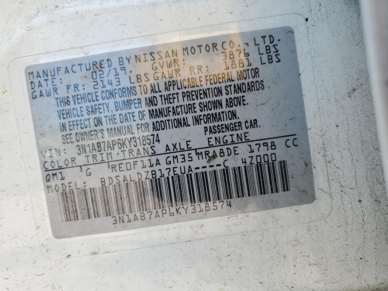 2019 Nissan Sentra S VIN: 3N1AB7AP6KY318574 Lot: 62363464