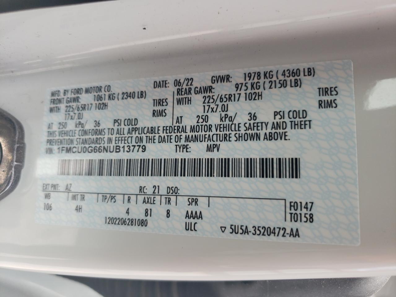 2022 Ford Escape Se VIN: 1FMCU0G66NUB13779 Lot: 64134714