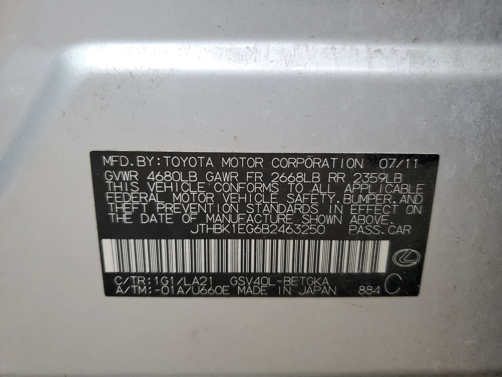 JTHBK1EG6B2463250 2011 Lexus Es 350