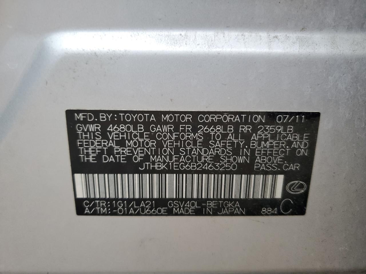 2011 Lexus Es 350 VIN: JTHBK1EG6B2463250 Lot: 63359444