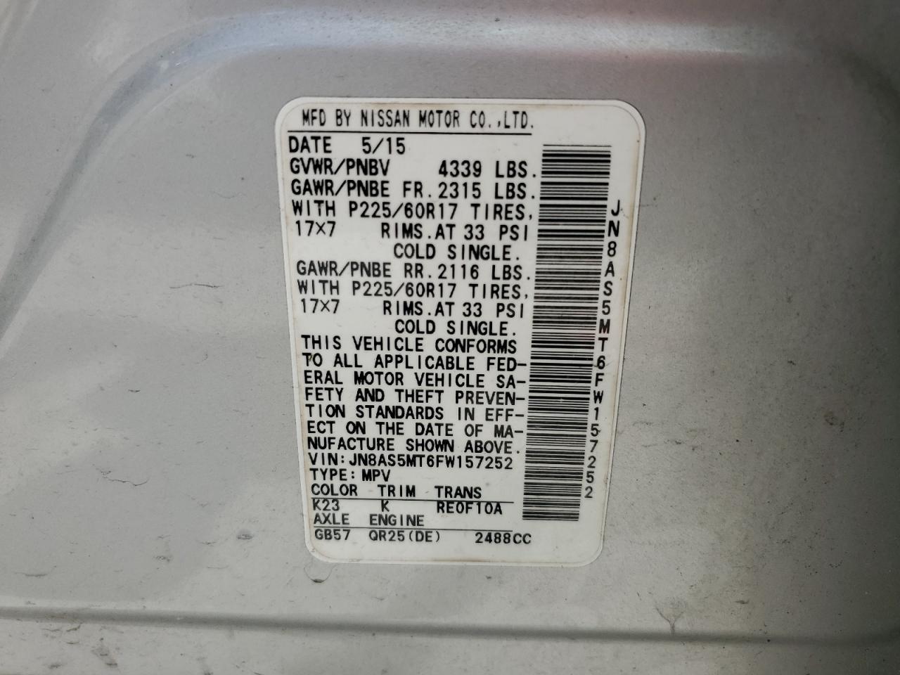 2015 Nissan Rogue Select S VIN: JN8AS5MT6FW157252 Lot: 62304114