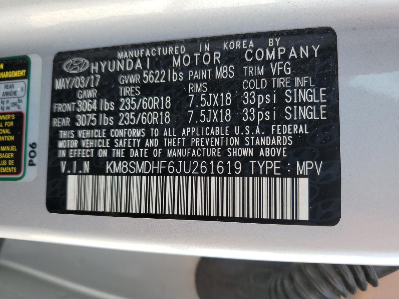 KM8SMDHF6JU261619 2018 Hyundai Santa Fe Se