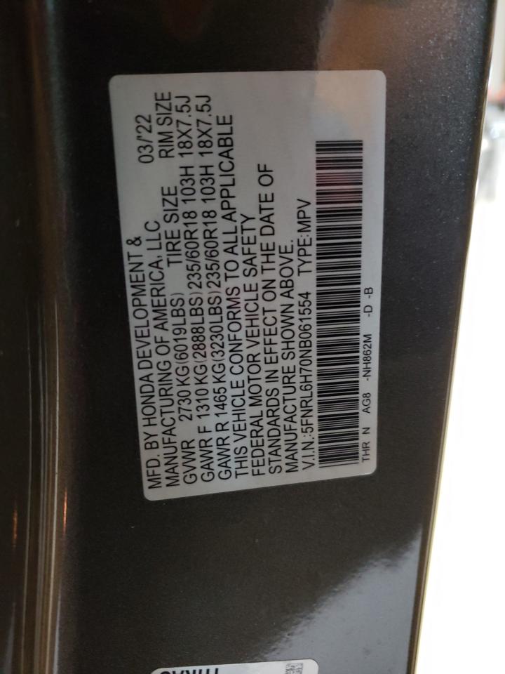 5FNRL6H70NB061554 2022 Honda Odyssey Exl