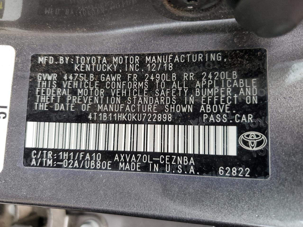 4T1B11HK0KU722898 2019 Toyota Camry L