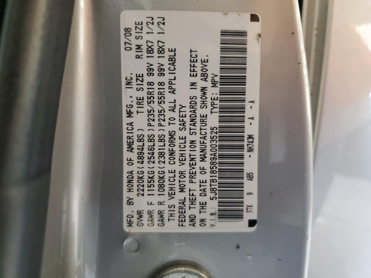 2009 Acura Rdx Technology VIN: 5J8TB18589A003525 Lot: 60546694