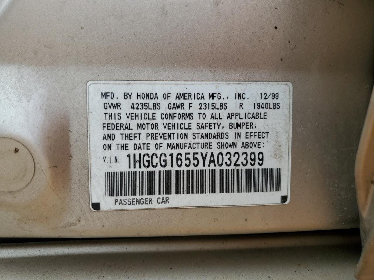 2000 Honda Accord Ex VIN: 1HGCG1655YA032399 Lot: 64196844