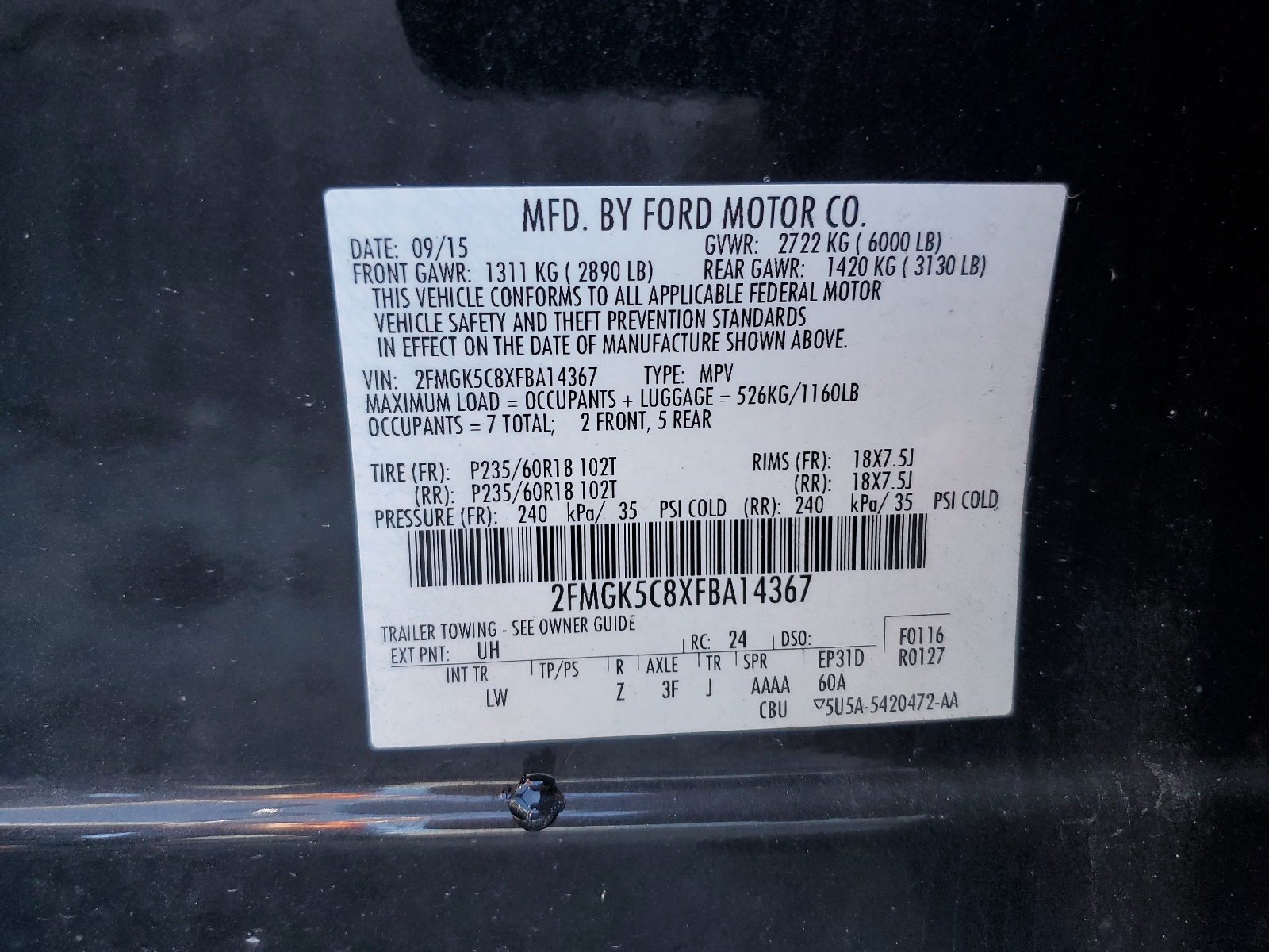 2FMGK5C8XFBA14367 2015 Ford Flex Sel