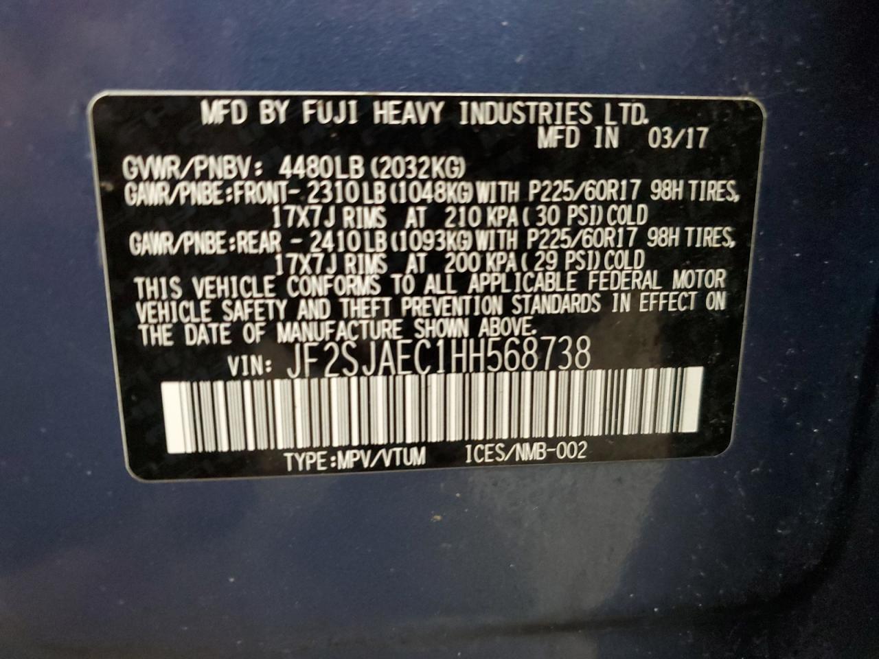 2017 Subaru Forester 2.5I Premium VIN: JF2SJAEC1HH568738 Lot: 61675554