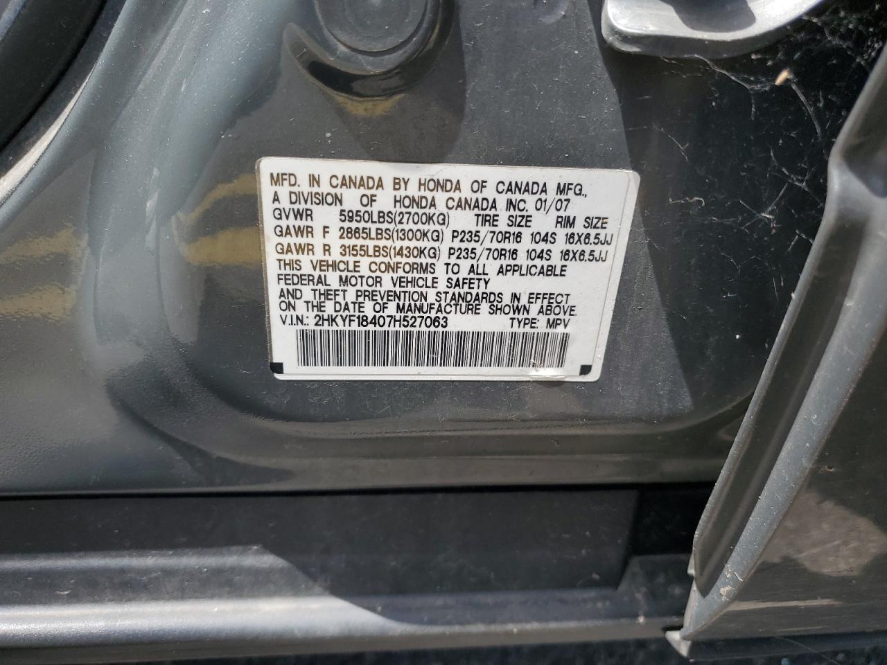 2007 Honda Pilot Ex VIN: 2HKYF18407H527063 Lot: 61708654