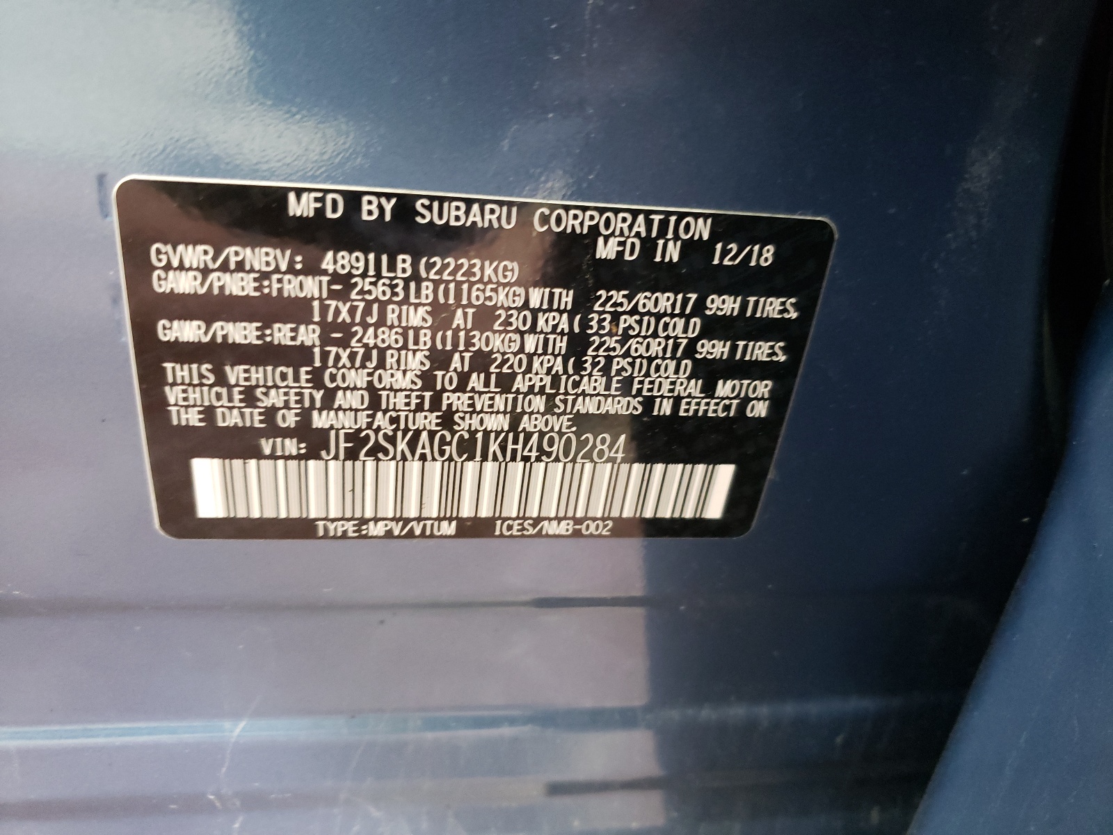 JF2SKAGC1KH490284 2019 Subaru Forester Premium