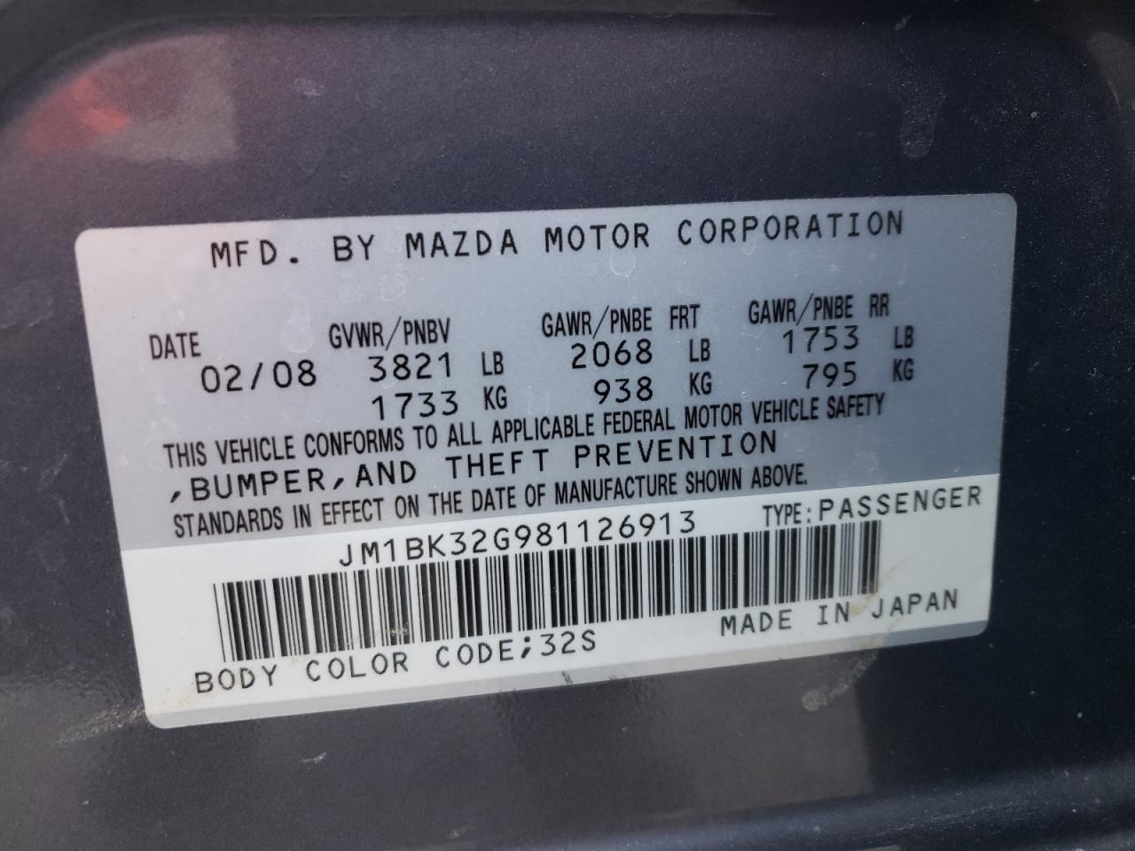 JM1BK32G981126913 2008 Mazda 3 I