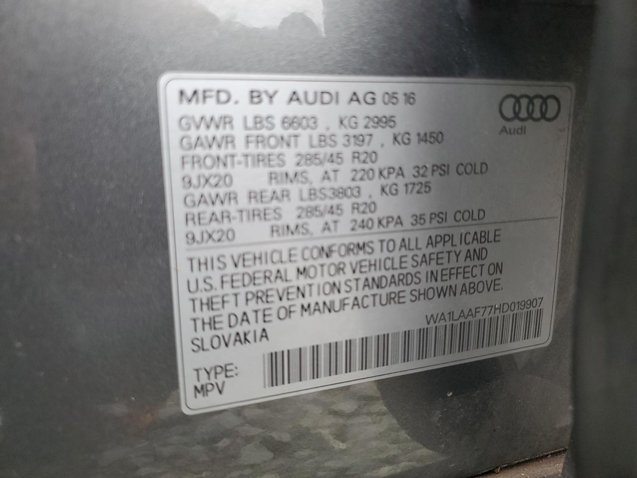 2017 Audi Q7 Premium Plus VIN: WA1LAAF77HD019907 Lot: 63490404