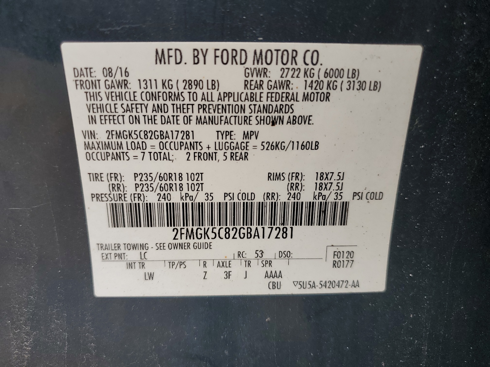 2FMGK5C82GBA17281 2016 Ford Flex Sel