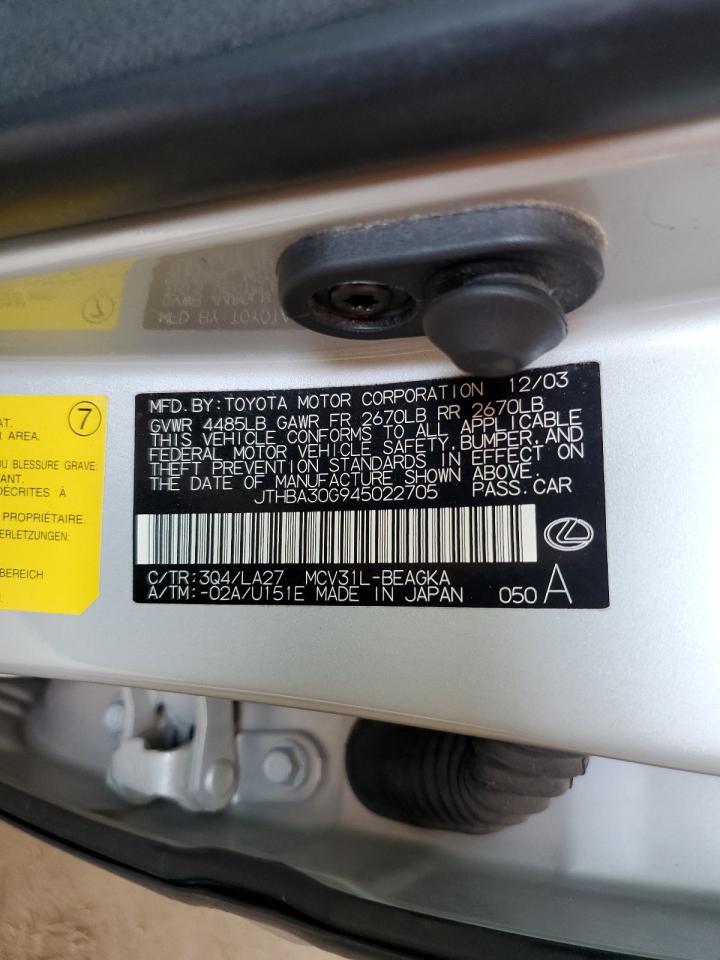 2004 Lexus Es 330 VIN: JTHBA30G945022705 Lot: 62127074